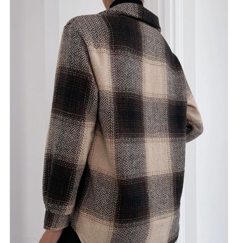 plaid print button up overcoat fall winter casual trending - Picture 5 of 6